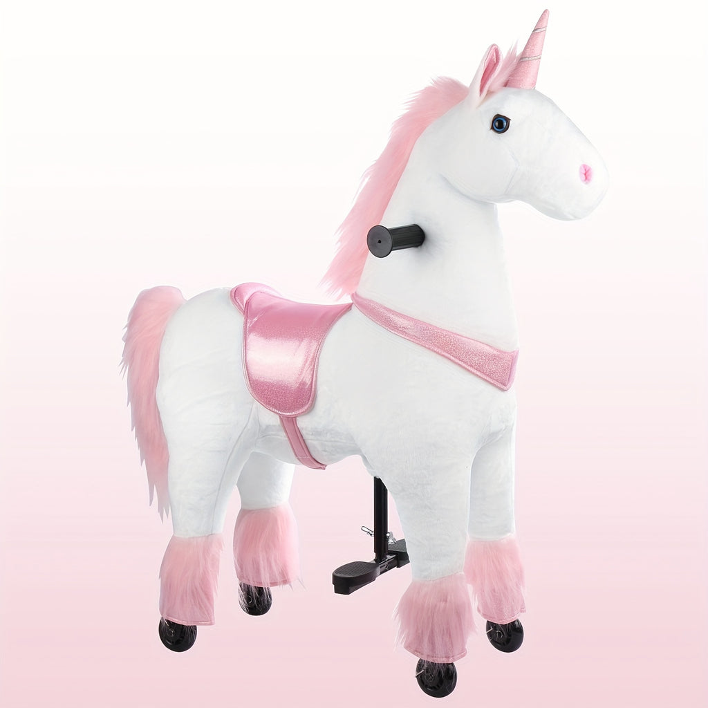Ride On Unicorn Horse Toy with Wheels for Kids Ages 3-9 - Plush Walking Horse No Battery Pink White Unicorn Size S M Birthday Christmas Gift
