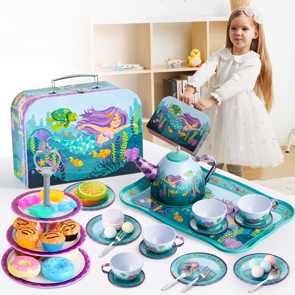 Mermaid Tea Party Set for Kids 35 Pcs Pretend Play Tin Teapot Set with Desserts 3-Tier Cake Stand Carrying Case Princess Tea Time Birthday Easter Christmas Gift