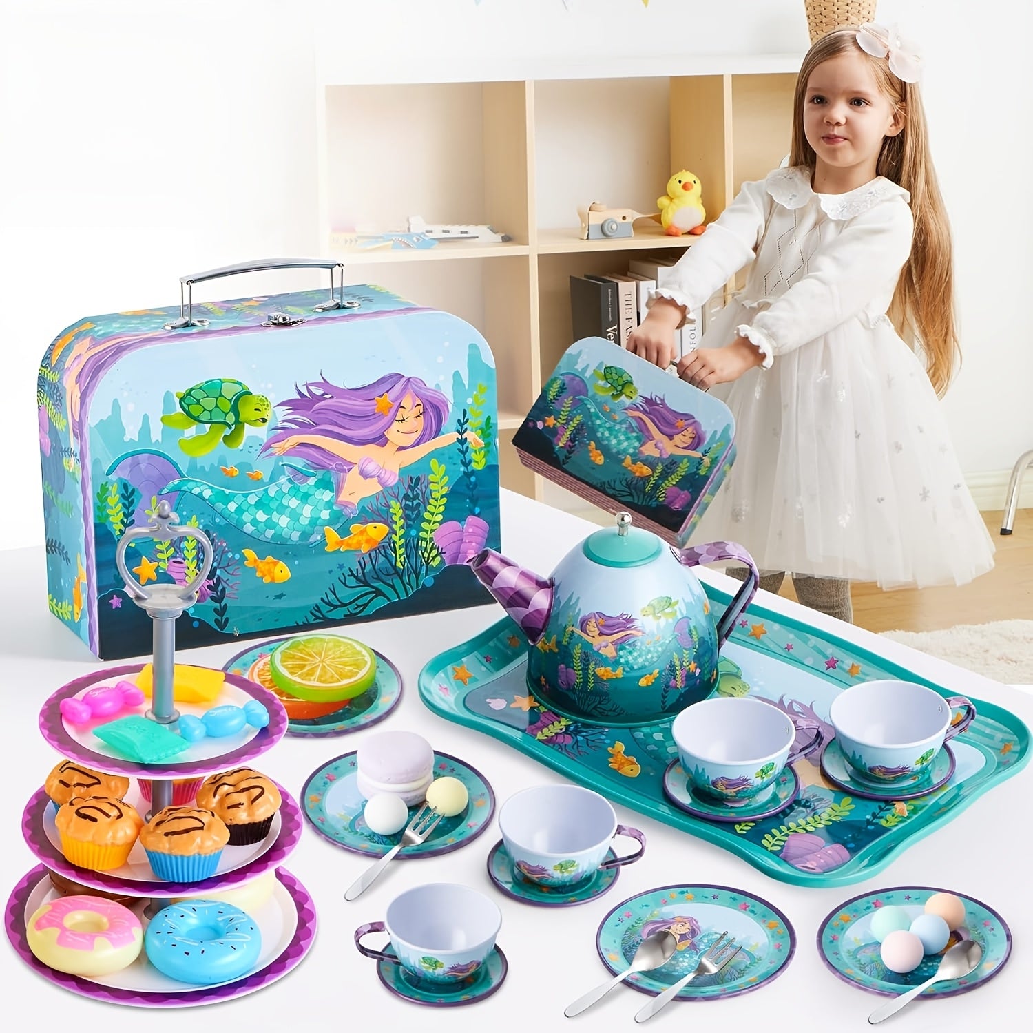Mermaid Tea Party Set for Kids 35 Pcs Pretend Play Tin Teapot Set with Desserts 3-Tier Cake Stand Carrying Case Princess Tea Time Birthday Easter Christmas Gift