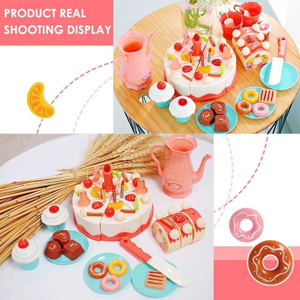 Birthday Cake Tea Party Play Food Toy Set Kids Pretend Play Cake Decorating Dessert Accessories 75-85pcs Girls Ages 3+