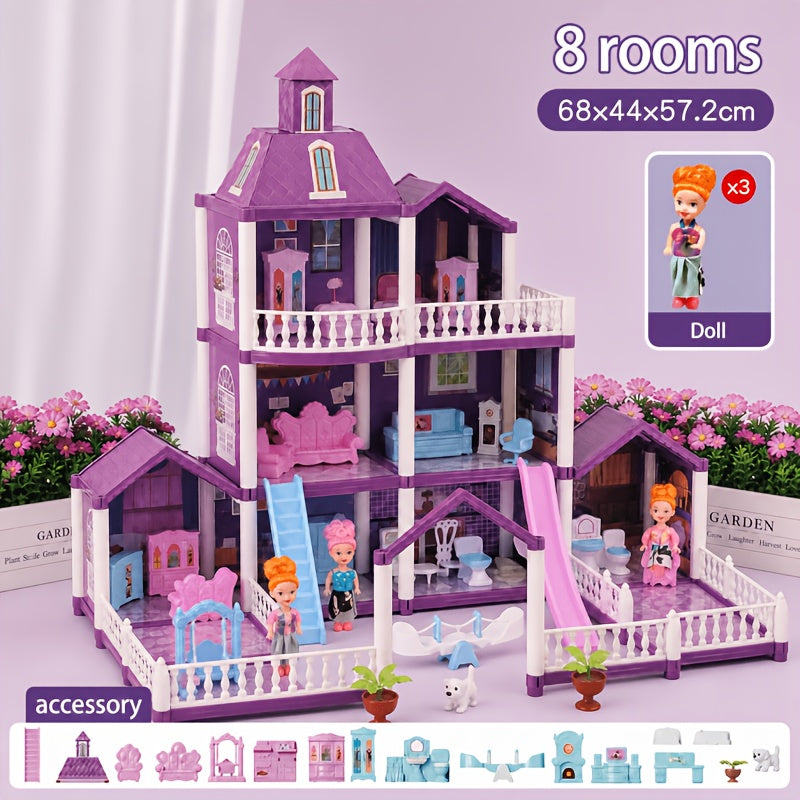 Dollhouse for Girls Ages 3-10 with Doll Figures Puppies Furniture Accessories LED Light - 6 to 16 Room Purple Playhouse, Imaginative Pretend Play Toy, Birthday Christmas Easter Gift for Girls