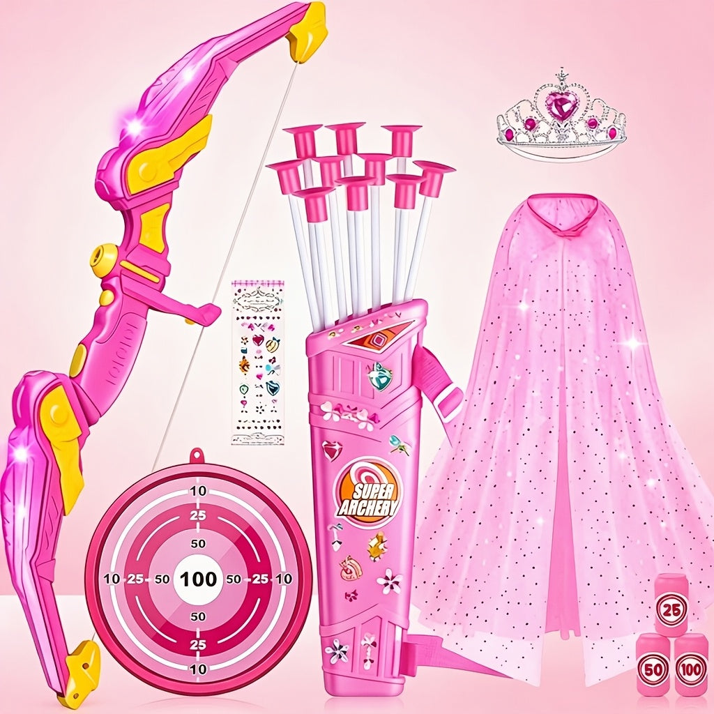 LED Light-Up Princess Bow & Arrow Set for Girls - Archery Toy with Cape, Crown, 10 Suction Cup Arrows & Target, Indoor Outdoor Birthday Gift for Kids Girls Boys