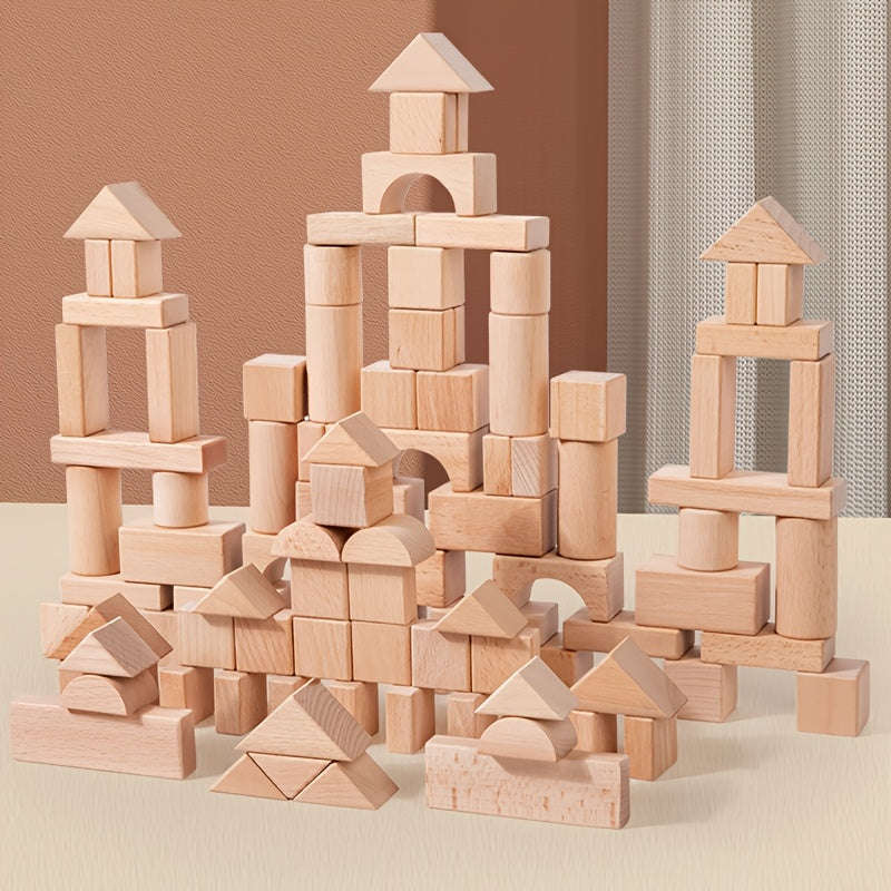 Wooden Building Blocks for Kids 100 Piece Solid Beech Wood Set – Unpainted Natural Stacking Blocks Ages 3-12, STEM Logical Thinking Educational Toy, Montessori Castle Puzzle Gift Boys Girls