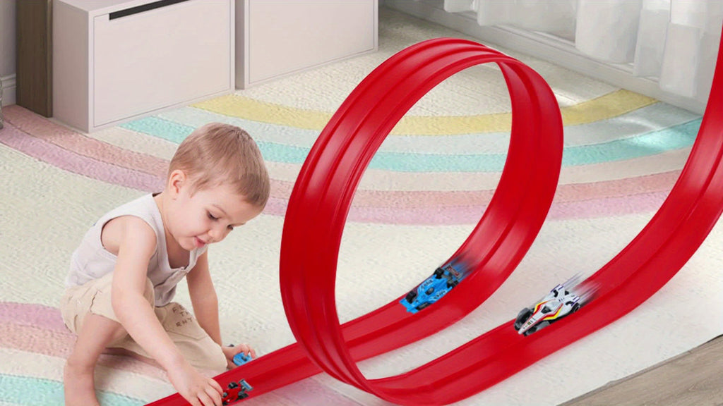 Flexible Toy Car Track Set 15ft with 4 Diecast Cars - Roll Up Race Track for Kids with Bumps Jumps Tunnels Loops, Attaches to Windows & Doors, Drop-Resistant Metal Cars, Racing Gift for Boys