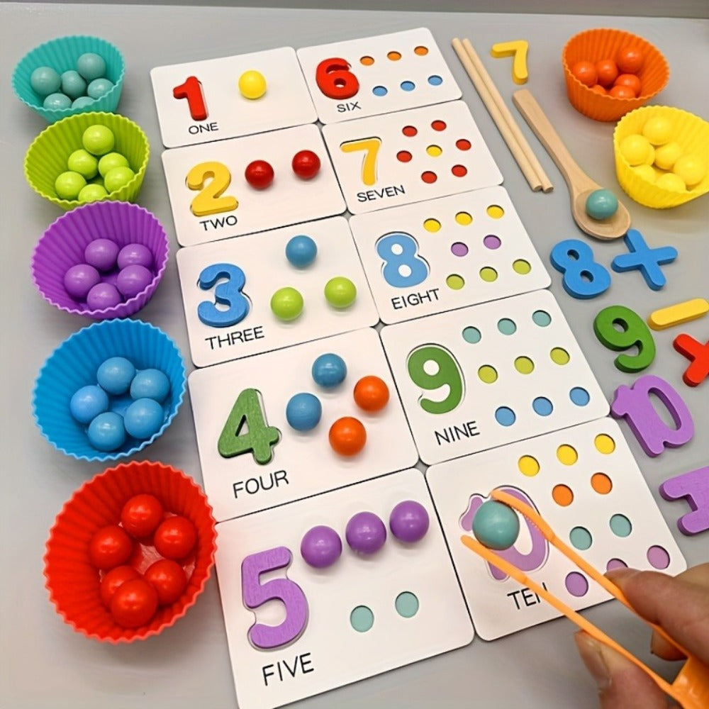 Colorful Wooden Bead Counting Set with Tweezers, Number Puzzle & Matching Cards – Fine Motor Skills Toy for Toddlers, STEM Learning Gift for Kids Ages 3+