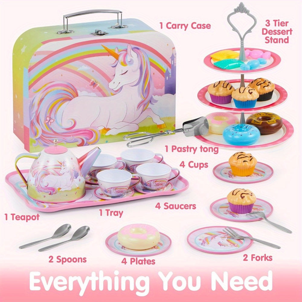 Unicorn Tea Party Set for Girls 35 Piece Tin Teapot Cups Plates Desserts Cake Stand Carrying Case Princess Pretend Play Kitchen Toy Kids Age 3+ Birthday Easter Christmas Gift