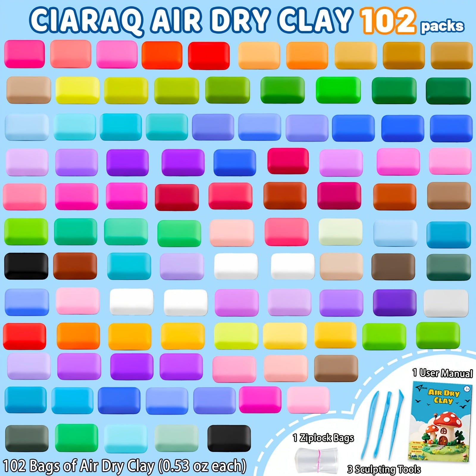 Air Dry Clay Kit 102 Colors – Modeling Clay with Sculpting Tools, Soft Ultra-Light Magic Clay for Kids & Adults, Ideal for Sculpture, Crafting & School Projects, Halloween Christmas Gift