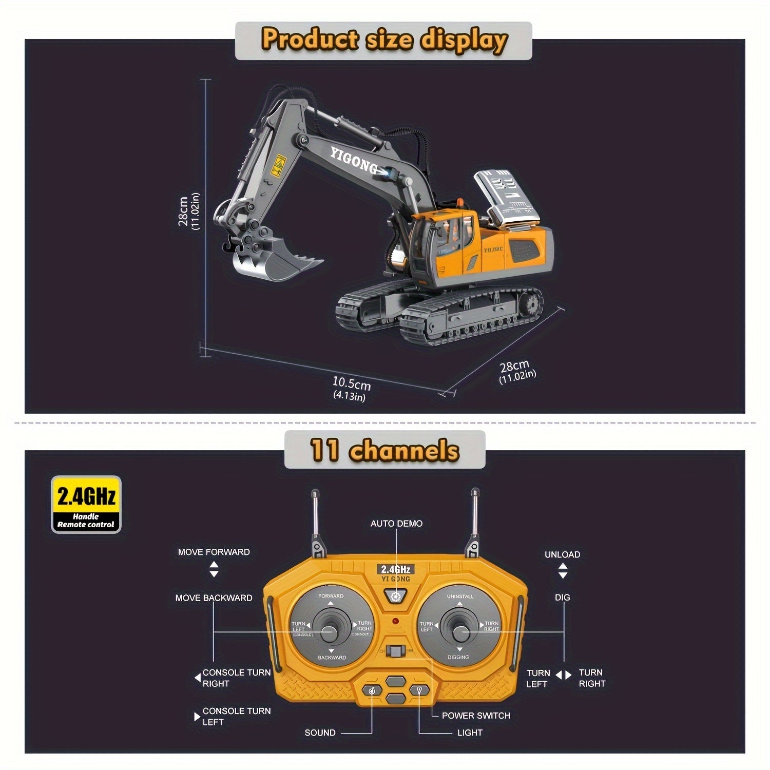 Remote Control Excavator Toy Metal Shovel LED Light 1200mAh RC Construction Truck Set Loader Garbage Truck Combo Boys Kids Ages 6+ Birthday Christmas Gift