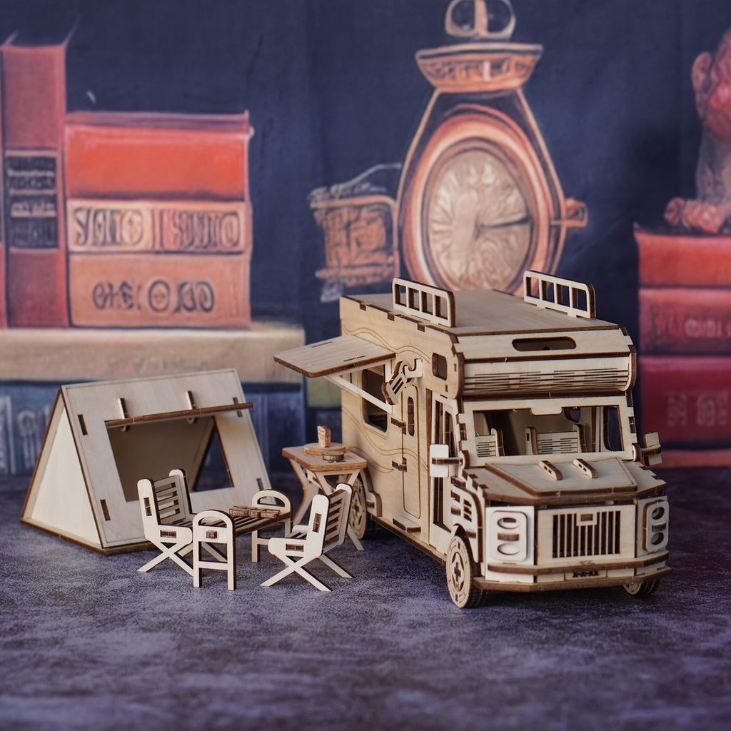 3D Wooden Puzzle RV Camping Car Model Kit, Travel Camper Van Assembly Building Block Toy, Creative DIY Wood Craft Gift for Friends Family Adults & Kids