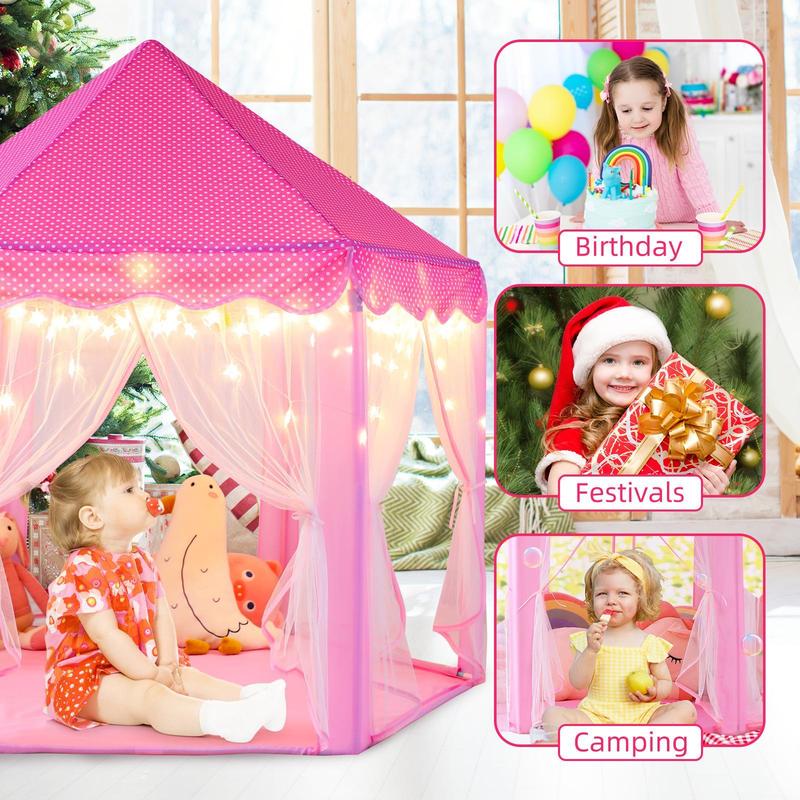Princess Castle Play Tent for Kids, Sumbababy Hexagon Indoor Outdoor Playhouse with Optional Lights and Mat for Reading, Pretend Play and Birthday Gifts