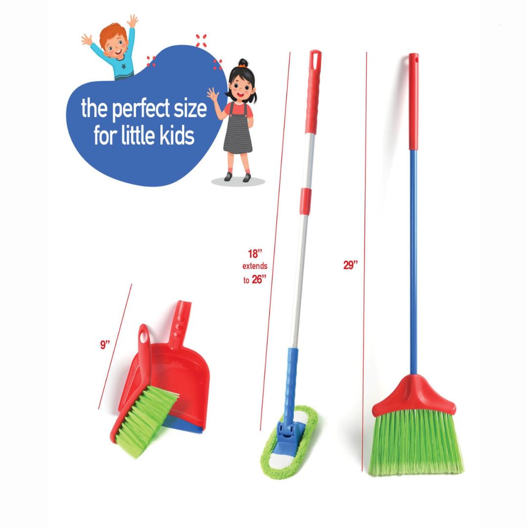 Kids Cleaning Set 4 Piece Toy Broom Mop Brush Dustpan Pretend Play Housekeeping Kit Toddler Girls Boys Birthday Christmas Gift Life Skills Toy