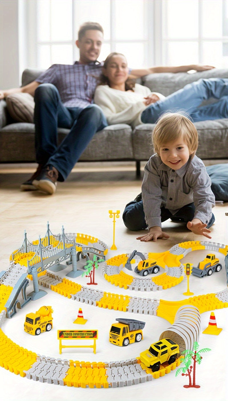Kids Electric Track Car Toy Set Engineering Race Track with Elevated Bridge Tunnel Roller Coaster Scene Building Assembly – Birthday Gift Boys Girls Ages 3-8