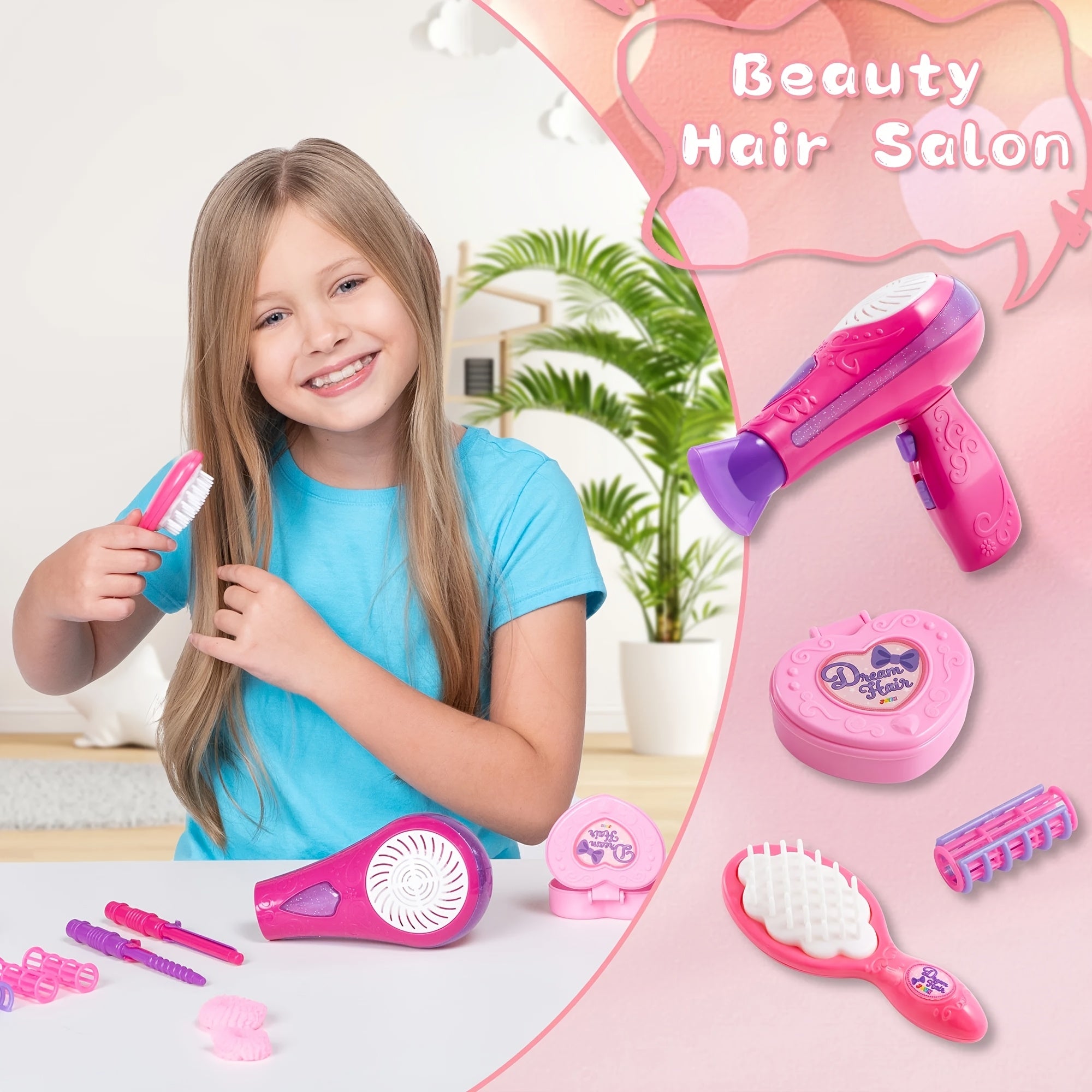 Girls Beauty Salon Set 17pcs Pretend Play Hair Stylist Toy Kit with Hairdryer Mirror Curling Iron Kids Ages 3+ Birthday Christmas Gift