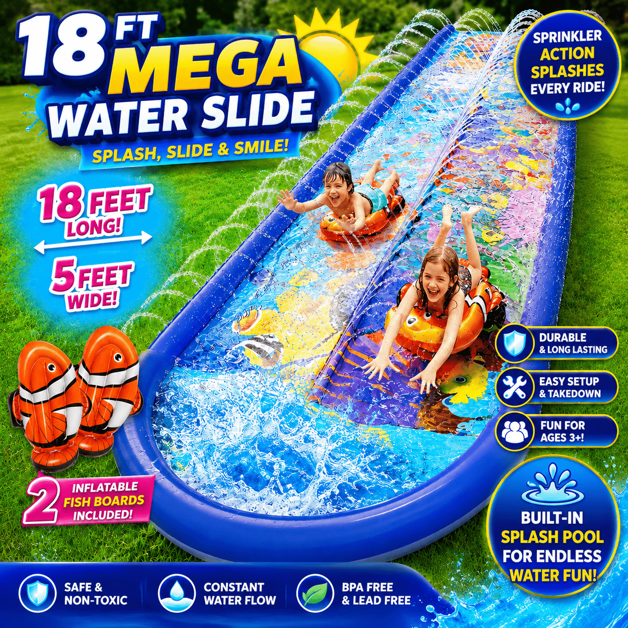 18FT Dual Lane Kids Water Slide with Sprinkler & Splash Pad – 2 Inflatable Body Boards, Reinforced PVC, Sea Life Design, Backyard Lawn Slip and Slide for Boys and Girls