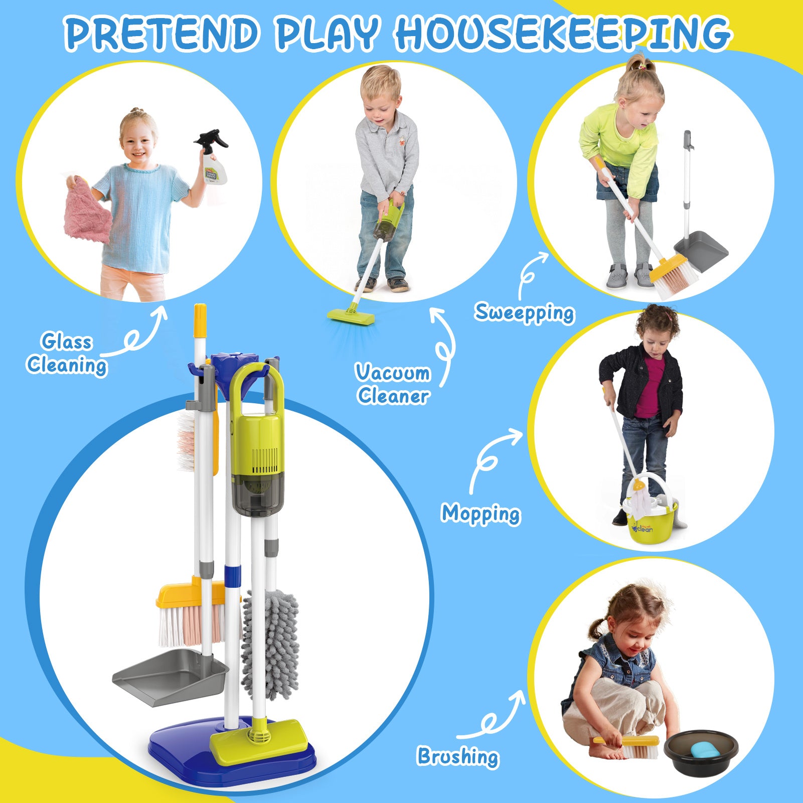 Kids Cleaning Toy Set 14 Pcs Pretend Play Housekeeping Playset with Electric Vacuum That Really Works Broom Dustpan Mop Birthday Gift Girls Boys