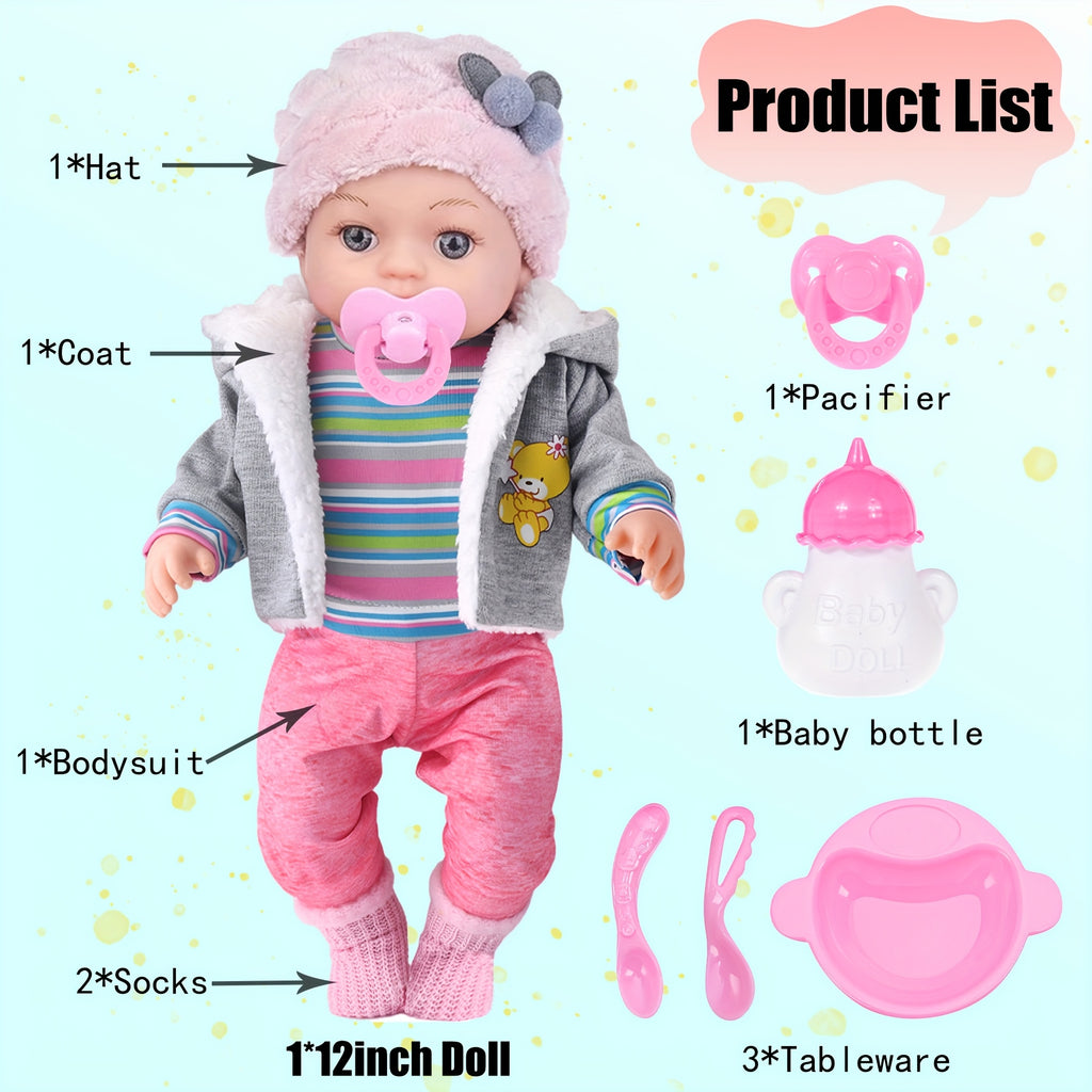 12 Inch Baby Doll Set with Winter Clothes – Coat, Outfit, Socks, Pacifier, Feeding Bottle & Utensils, Movable Limbs Nurturing Playset Gift for Girls Kids Ages 3+