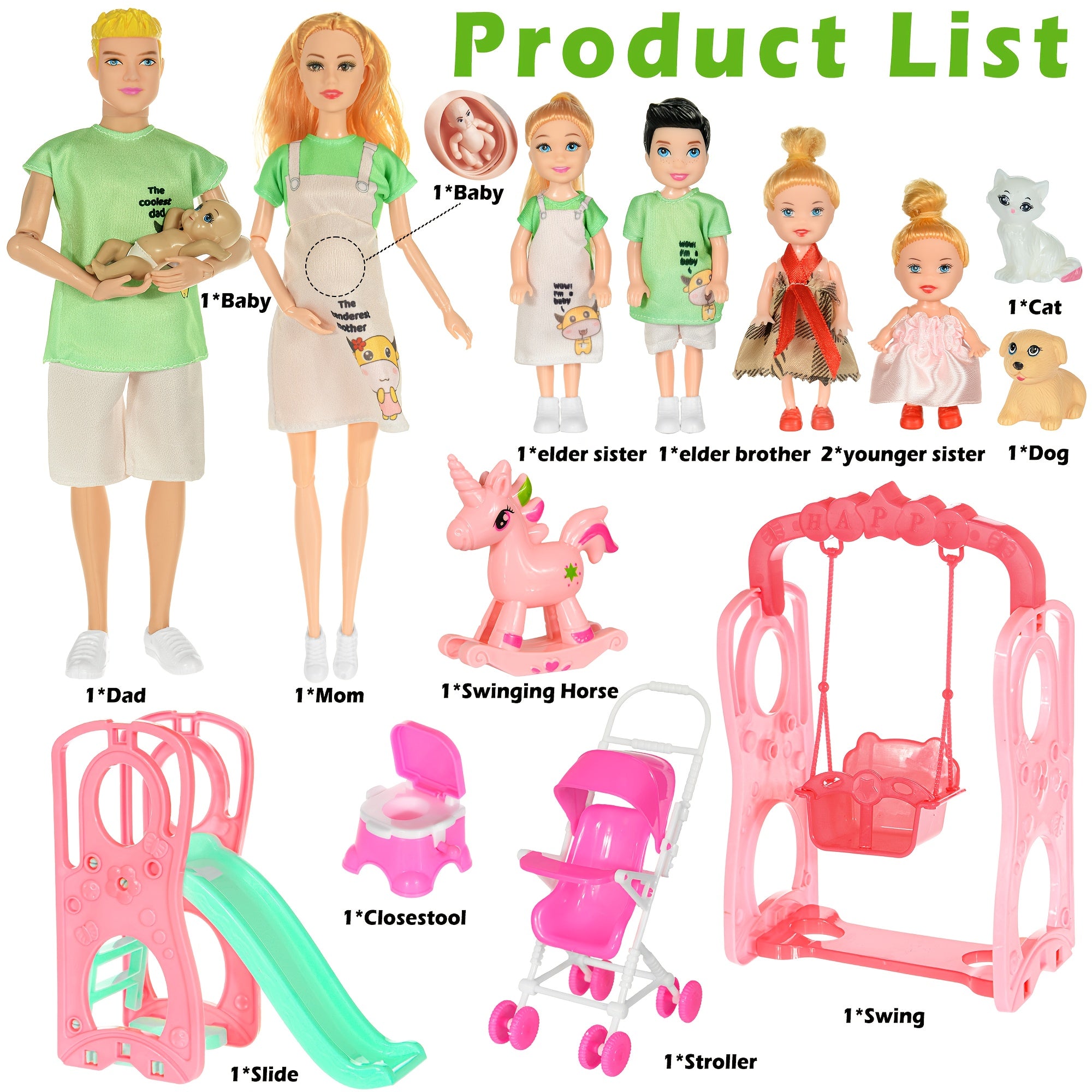17-Piece Family Dollhouse Playset with Pregnant Mom, Dad, 4 Kids, Pets, Stroller, Slide & Swing – Complete Doll Family Set for Girls Ages 3+, 11.8 Inch Figures, Imaginative Role Play Gift