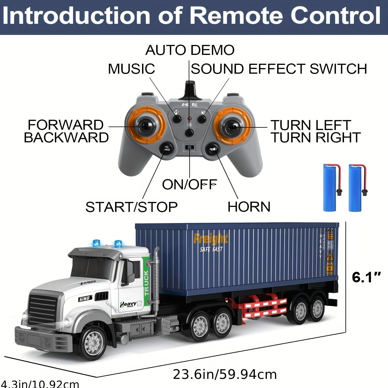 RC Semi Trailer Truck Toy 1:24 Scale 23.6 Inch LED Lights Music Detachable Trailer 2 Rechargeable Batteries Remote Control Cargo Truck Gift for Boys Girls Age 3+