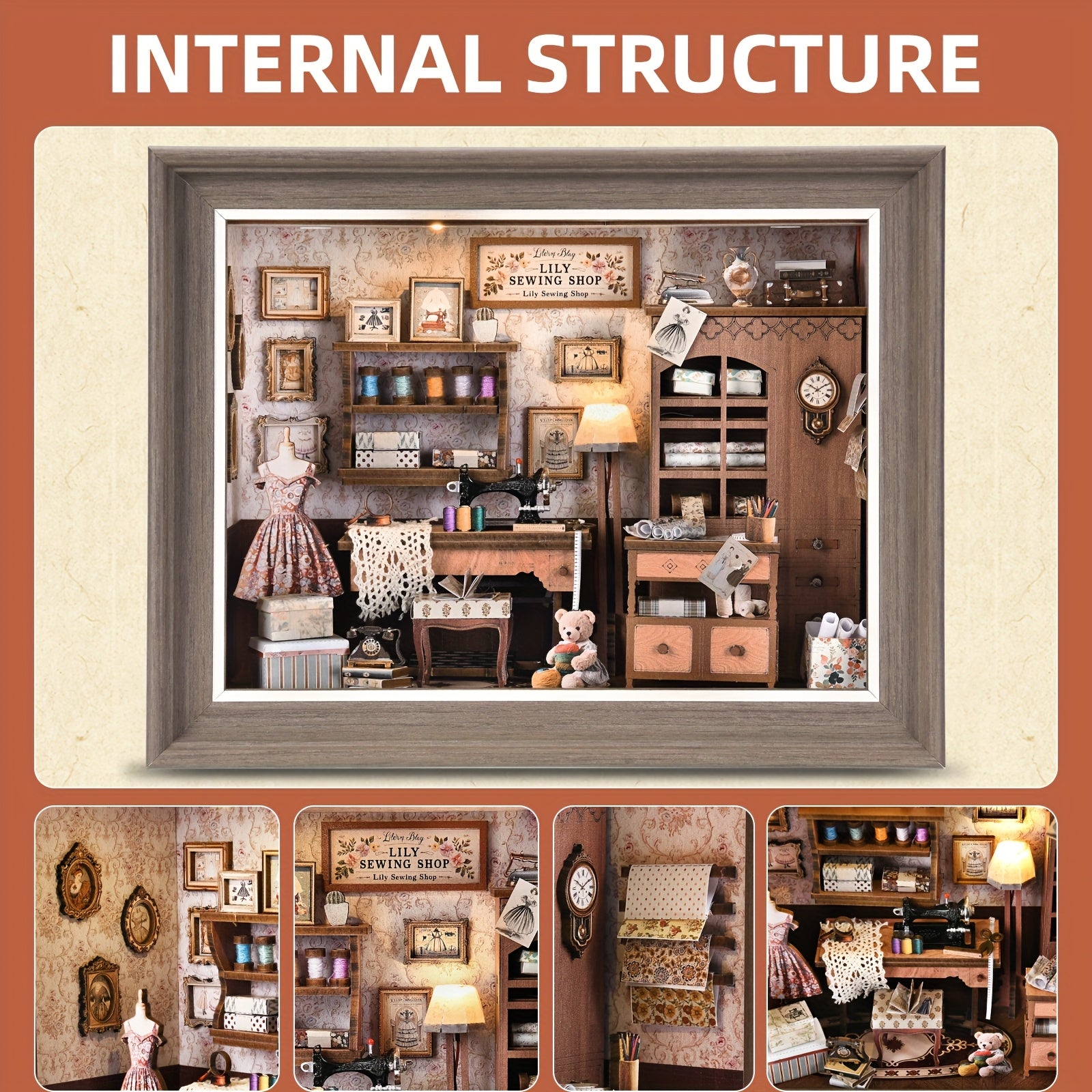 Book Nook Kit Sewing House 3D Wooden Puzzle Bookshelf Insert with LED – Miniature Model Building Kit, Cool Room Decor & Birthday Gift for Adults & Teens (Fireplace or Dwarf Style)