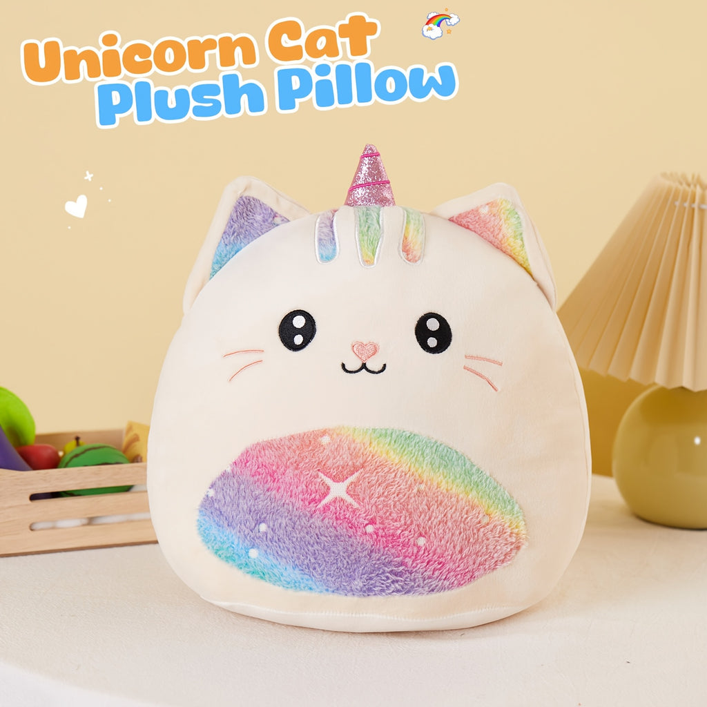 Rainbow Unicorn Kitty Plush Stuffed Pillow - Unicorn Cat Stuffed Animal for Room Decor, Fantasy Playroom Decor, Birthday Mother's Day Gift for Kids Girls Women Friends