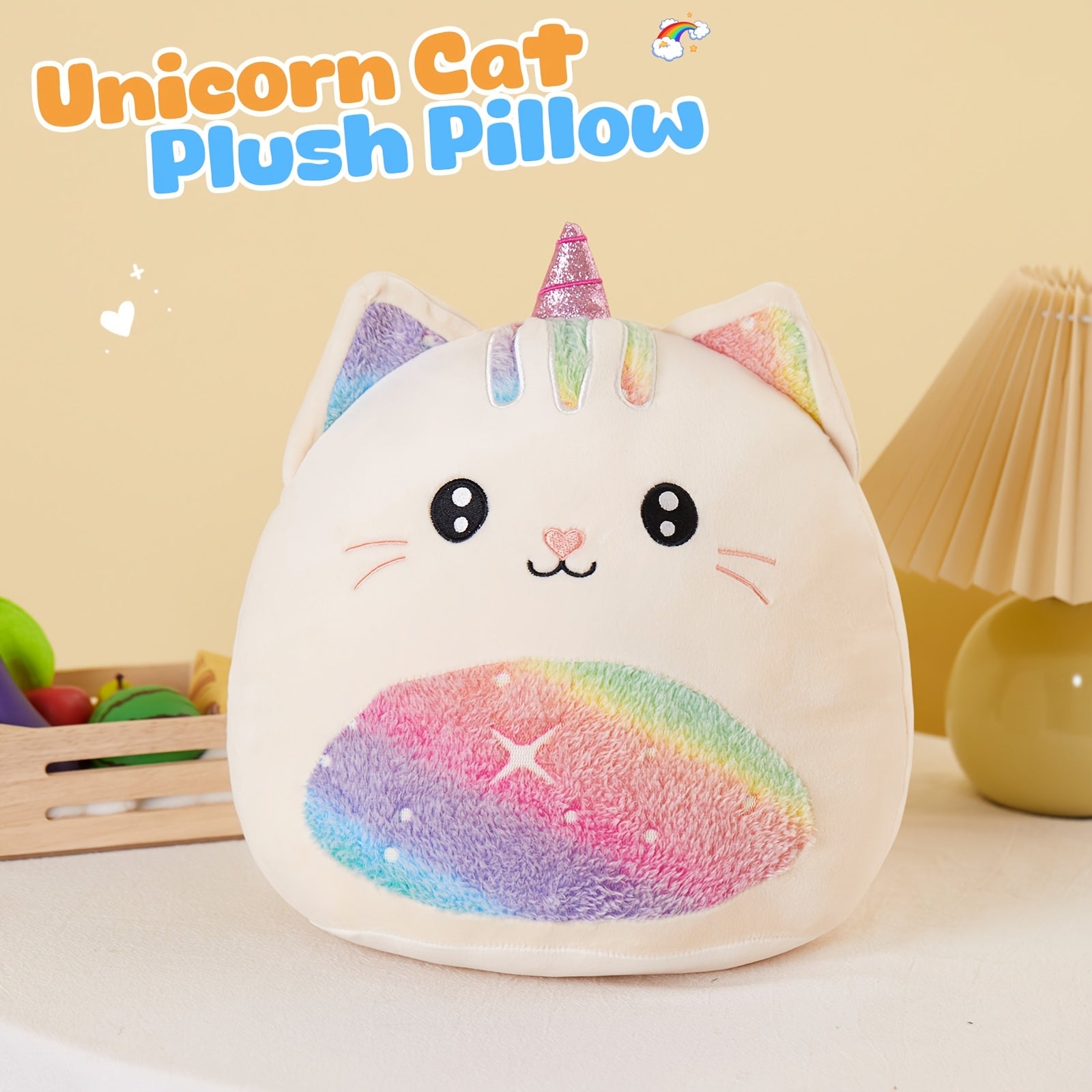Rainbow Unicorn Kitty Plush Stuffed Pillow - Unicorn Cat Stuffed Animal for Room Decor, Fantasy Playroom Decor, Birthday Mother's Day Gift for Kids Girls Women Friends