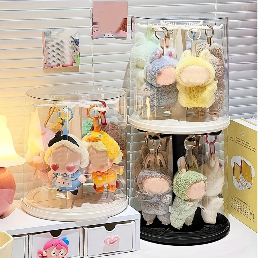 Rotating Display Case for LABUBU Figures 360 Degree Acrylic Box – Lidded Dust Cover Doll Storage with Multi-Layer Hanging Rack for Plush Toys Action Figures Blind Box Collectibles, White & Black