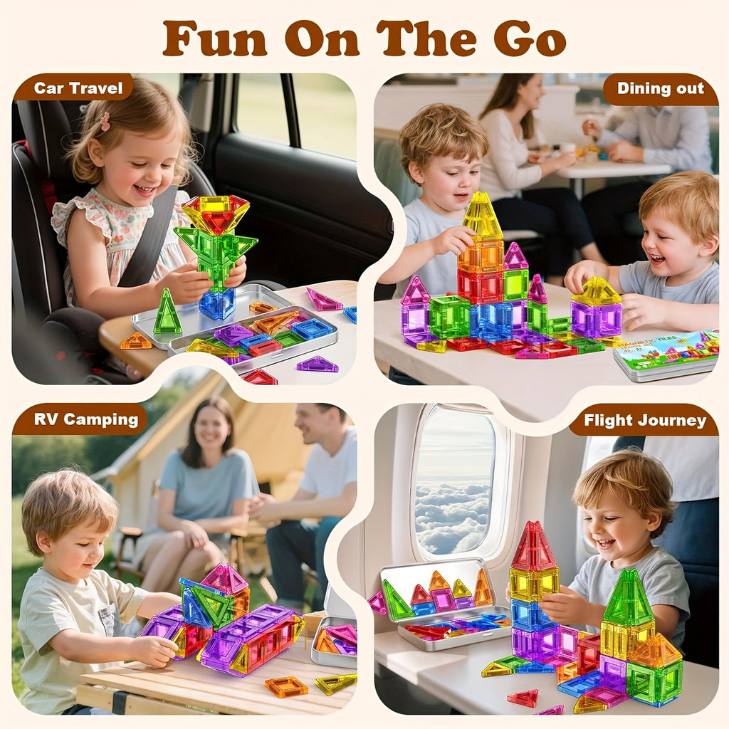 Magnetic Tiles Travel Set 42 Piece Ceramic in Metal Tin – Portable Magnetic Building Blocks for Kids Ages 3+, Educational Sensory STEM Toy, Road Trip Airplane Gift for Boys & Girls On the Go