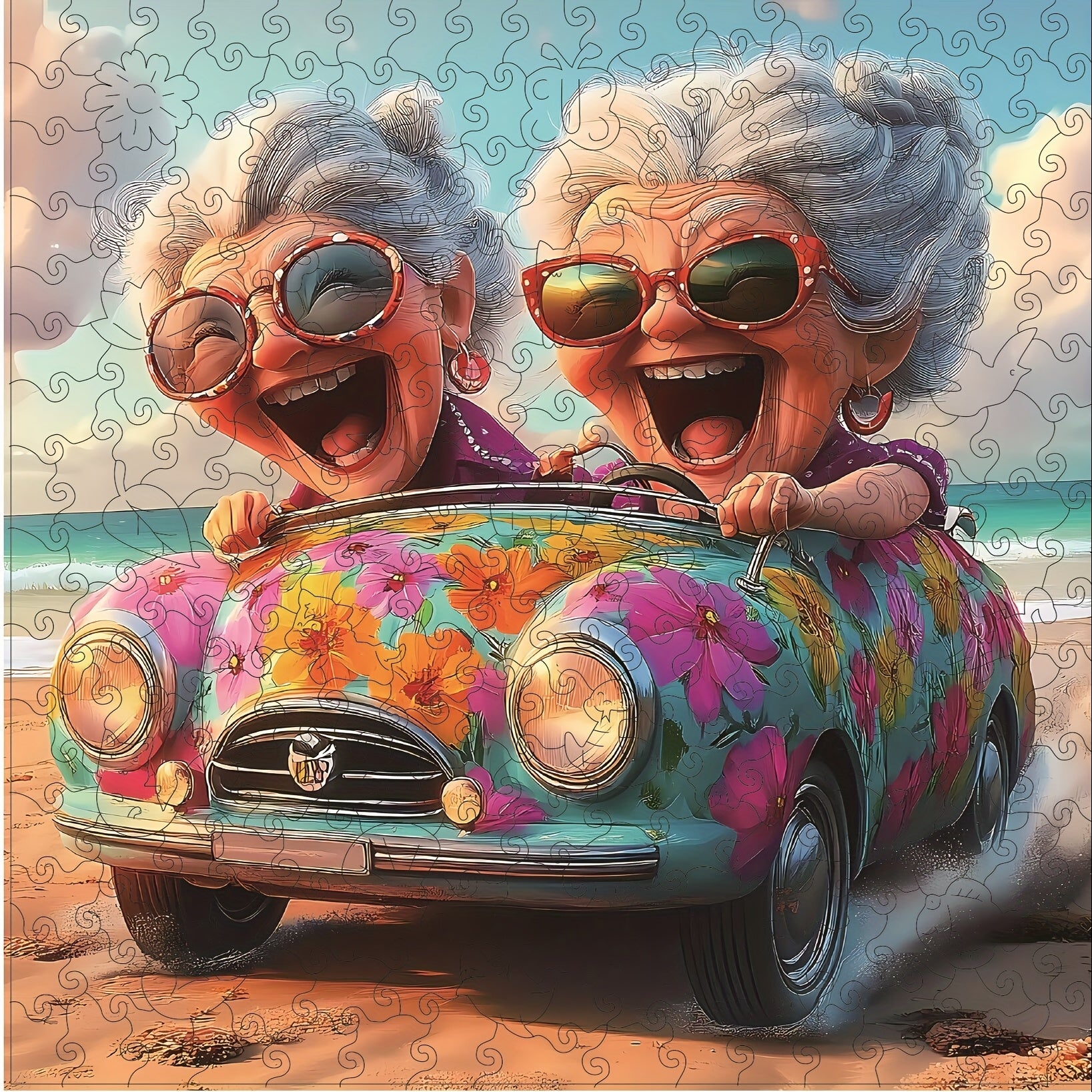 Happy Old Lady Wooden Jigsaw Puzzle – Irregular Animal-Shaped Unique Wood Puzzle, Modern Art Home Decor, Special Holiday Birthday Gift for Friends & Family