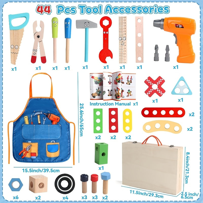 Wooden Kids Tool Set 44 Pcs with Electric Drill Apron Storage Box Educational Toy for Boys Girls Ages 3 and Up Hands-On Skills Birthday Christmas Gift