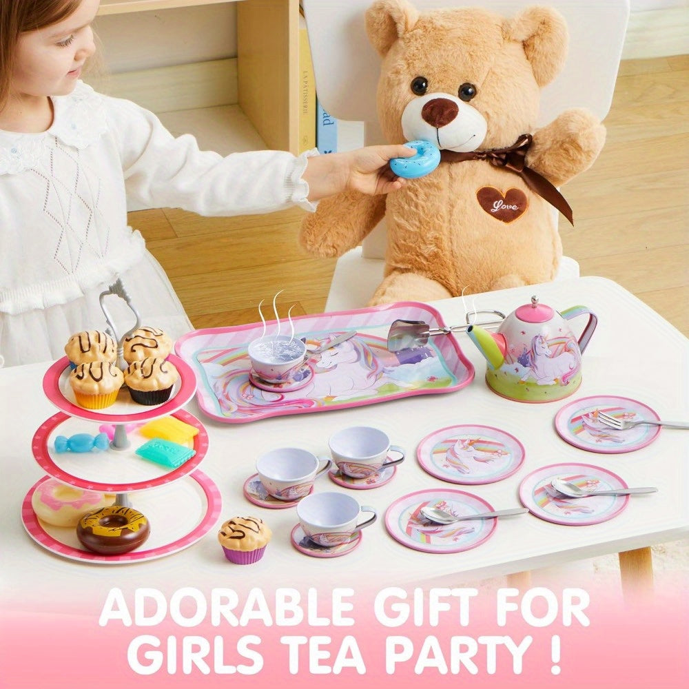 Unicorn Tea Party Set for Girls 35 Piece Tin Teapot Cups Plates Desserts Cake Stand Carrying Case Princess Pretend Play Kitchen Toy Kids Age 3+ Birthday Easter Christmas Gift