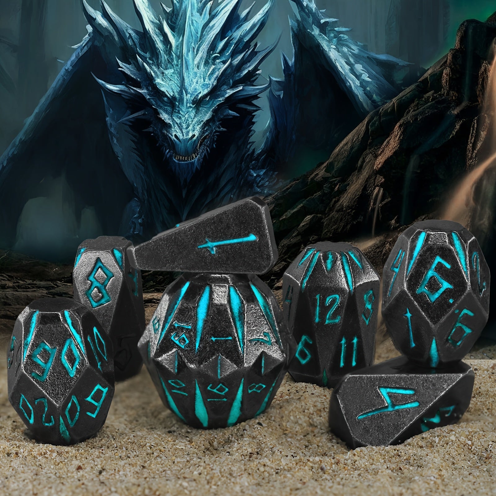 Metal DND Dice Set 7 Piece Stonehenge Themed Glow in the Dark – Zinc Alloy Heavy Polyhedral RPG Dice D4-D20 with Gift Box Blue, Dungeon Master Birthday Christmas Gift for Tabletop Gamers