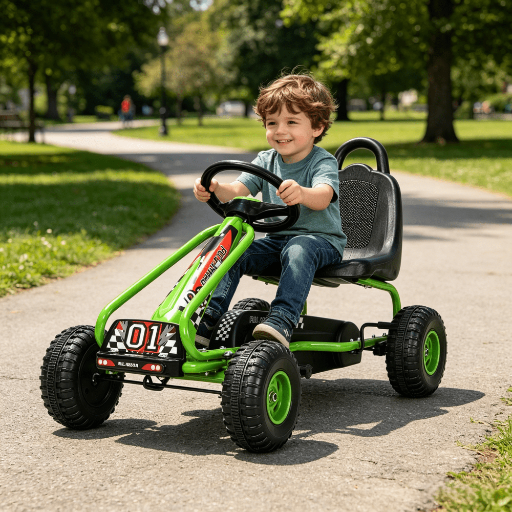 Kids Pedal Go Kart 4-Wheel Ride On Car Adjustable Seat Handbrake Non-Slip Wheels No Battery Outdoor Racing Toy Boys Girls Ages 3 4 5 6 Birthday Christmas Gift