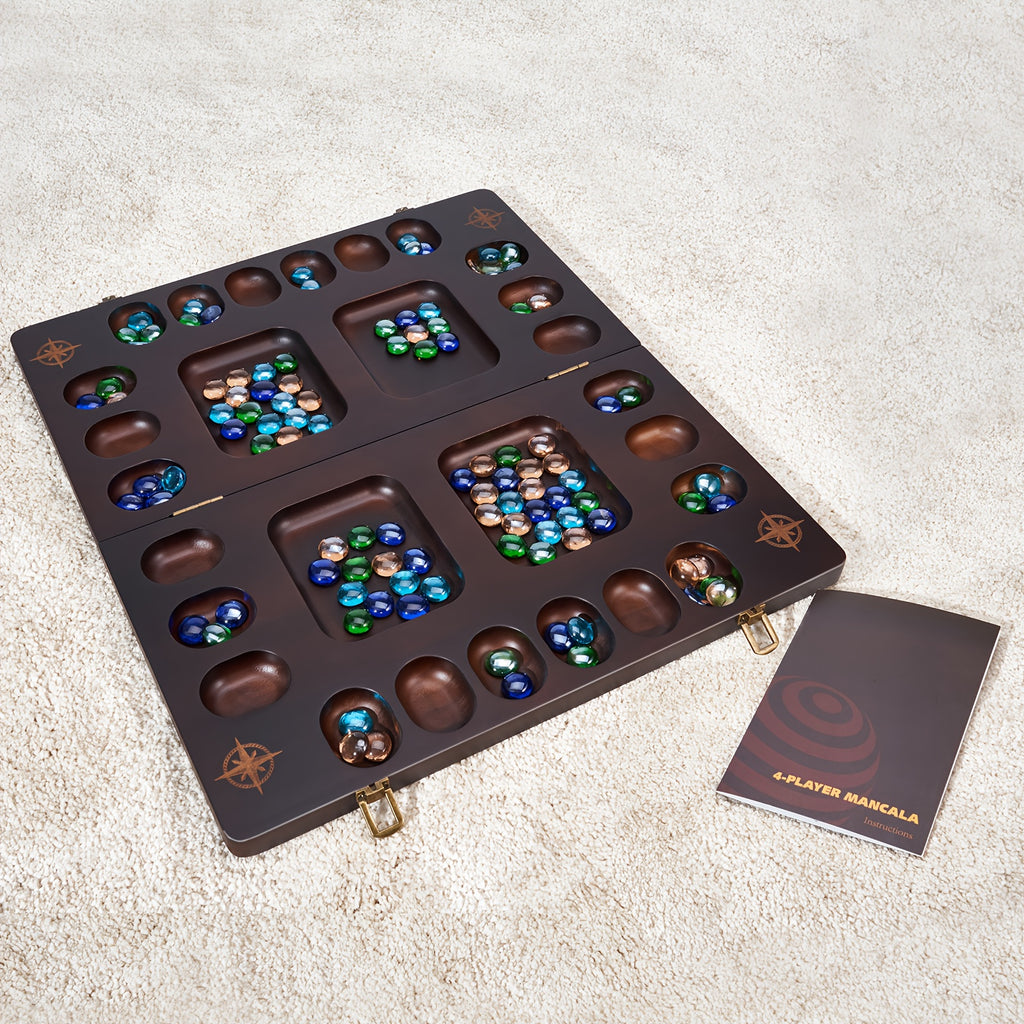 Mancala Board Game Set 4-Player Luxury Solid Wood Folding Board – 96+12 Bonus Multicolor Glass Stone Beads, Instructions Included, Classic Family Strategy Game Gift for Kids Adults Halloween Christmas