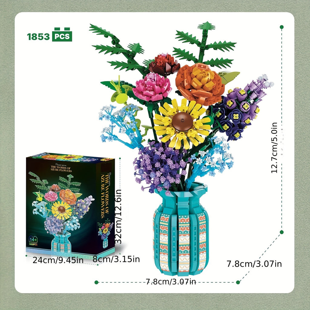 1853pcs Botanical Flower Building Blocks Set with Vase DIY Brick Craft Kit for Adults Home Office Decor Valentine's Day Mother's Day Birthday Gift