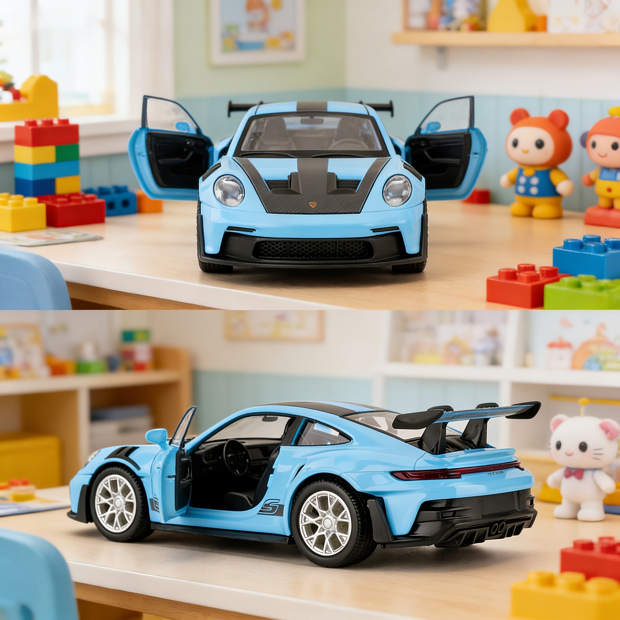 Die-Cast Porsche 911 Model Car – High-Detail Zinc Alloy Collectible Display Piece for Adults, Home & Office Decor, Car Lover Birthday Christmas Gift, Blue White Green Grey