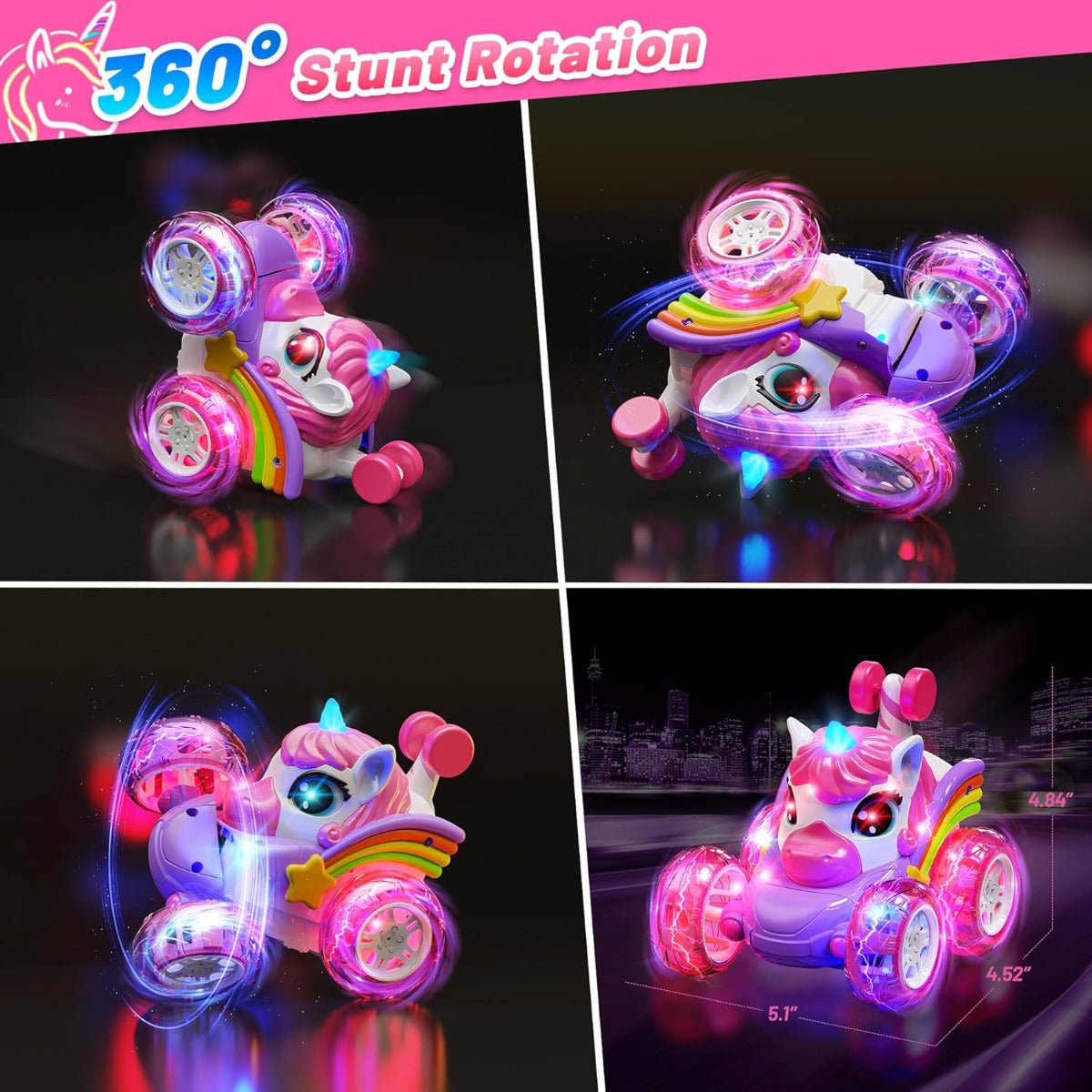 Unicorn RC Car for Girls 360 Degree Stunt Remote Control Car 4WD Rechargeable LED Lights Indoor Outdoor Toy Kids Halloween Christmas Birthday New Year Gift