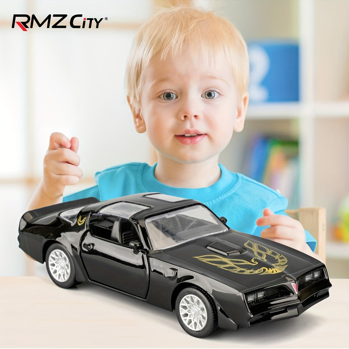 Pontiac Firebird Die Cast Toy Car 1:36 Scale RMZ – Zinc Alloy Openable Doors Pull-Back Muscle Car Model with Display Base, Collectible Gift for Boys Ages 3+