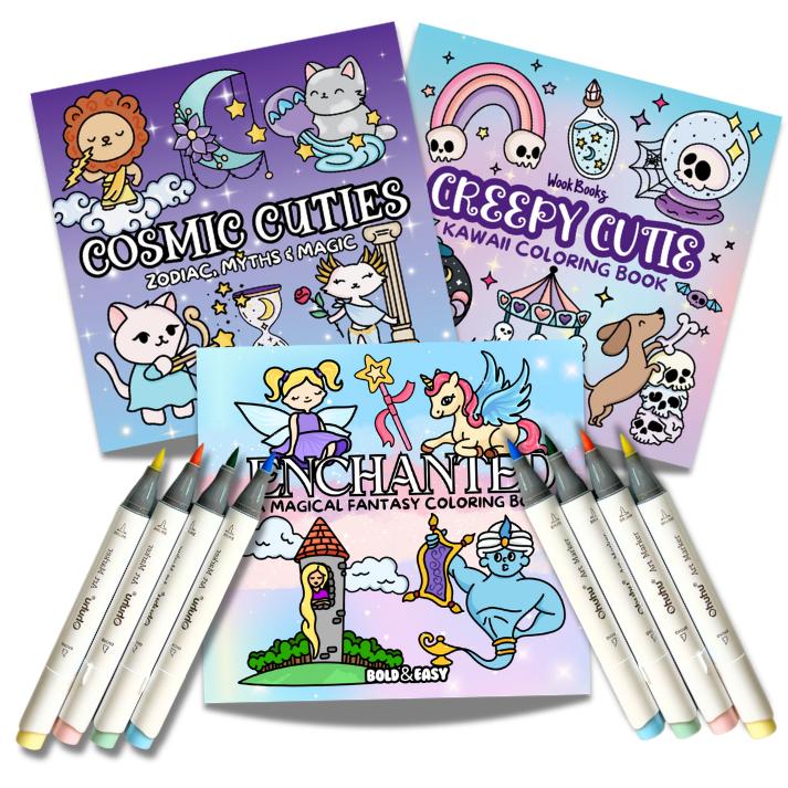 Coloring Book and Marker Bundle by Wook Books, 3 Bold and Easy Books with 8 Mystery Ohuhu Brush-Tip Alcohol Markers, Protective Sheet and Sticker Gifts