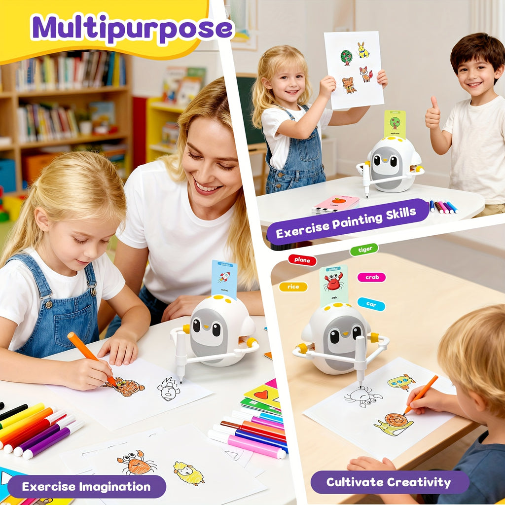 Drawing Robot for Kids with 200 Learning Cards & 12 Color Pens – Penguin Art Robot Toy, Interactive STEM Educational Drawing Toy for Boys Girls Ages 3+, USB Charging