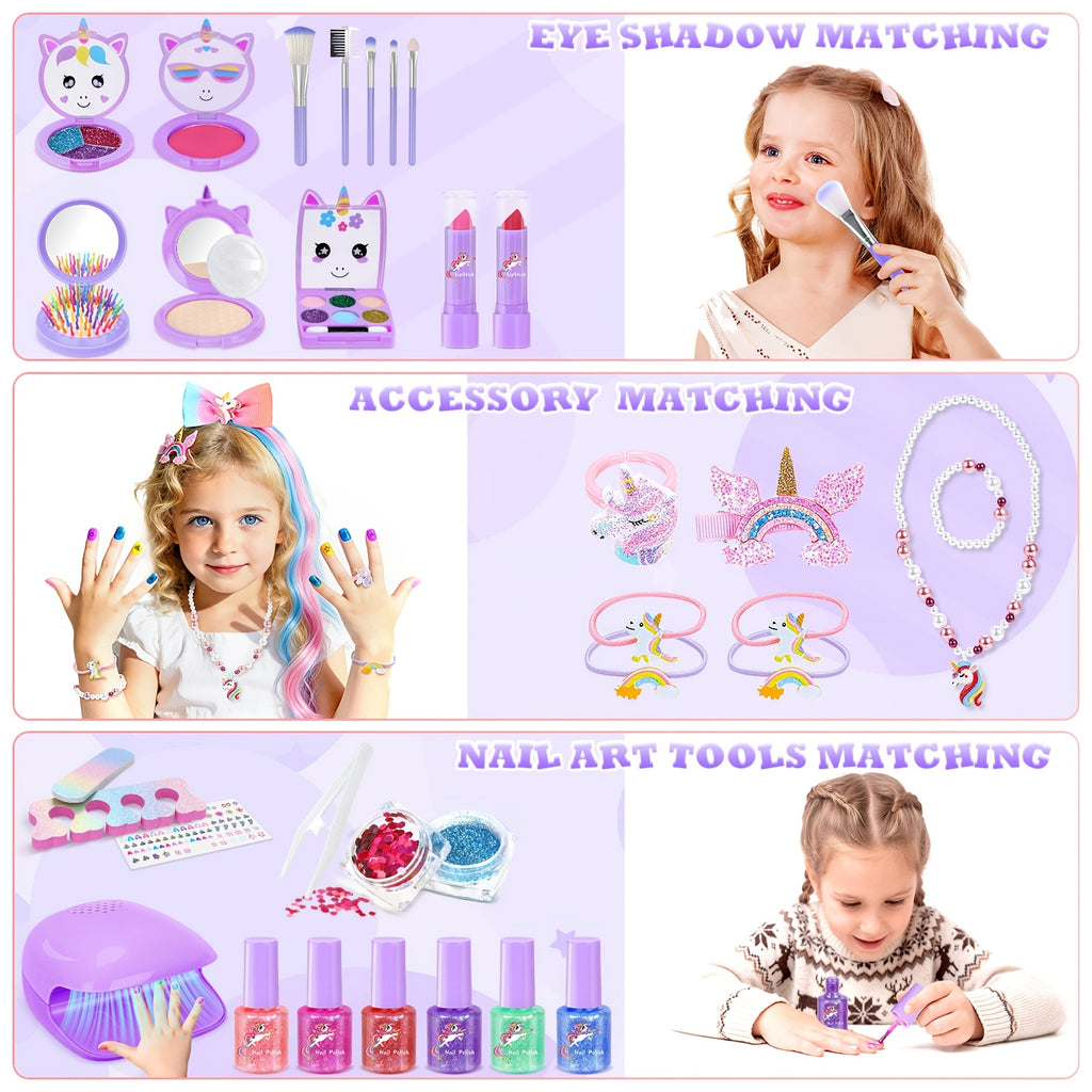 Kids Makeup Set for Girls – Non-Toxic Washable Pretend Cosmetic Kit with Nail Polish, Jewelry & Hair Accessories, Princess Dress-Up Gift Ages 3-8