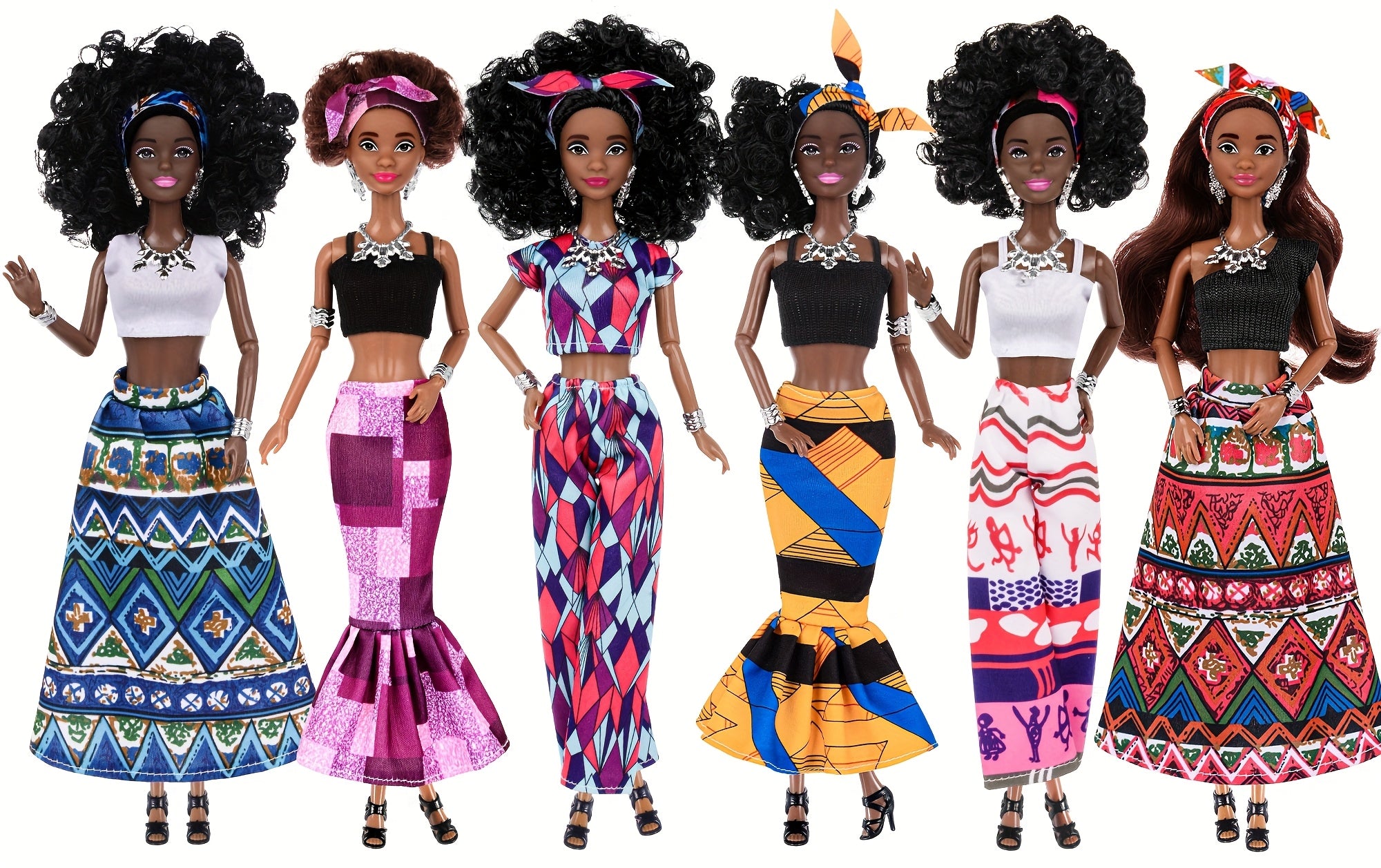 African American Curly Hair Fashion Dolls 6 Pack – 11.5 Inch Bohemian Style Dolls with Removable Outfits, Headscarf & Necklace, Diverse Doll Set Gift for Girls Ages 3+