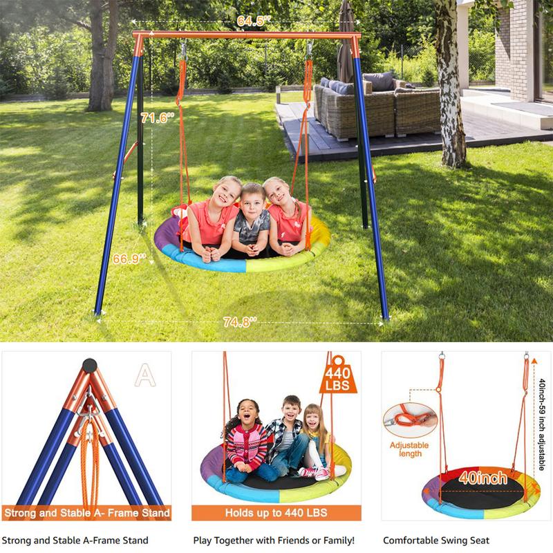 Saucer Swing Set with Stand for Kids, AOWOS Metal A-Frame Backyard Playset with Single, Double or Triple Swing Options for Outdoor Family Fun