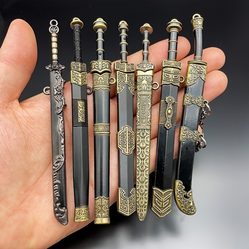 Metal Miniature Sword Set 7pcs with Sheaths Ancient Military Fantasy Pendant Collectible Anime RPG Game Fan Gift for Teens Adults Ages 14+