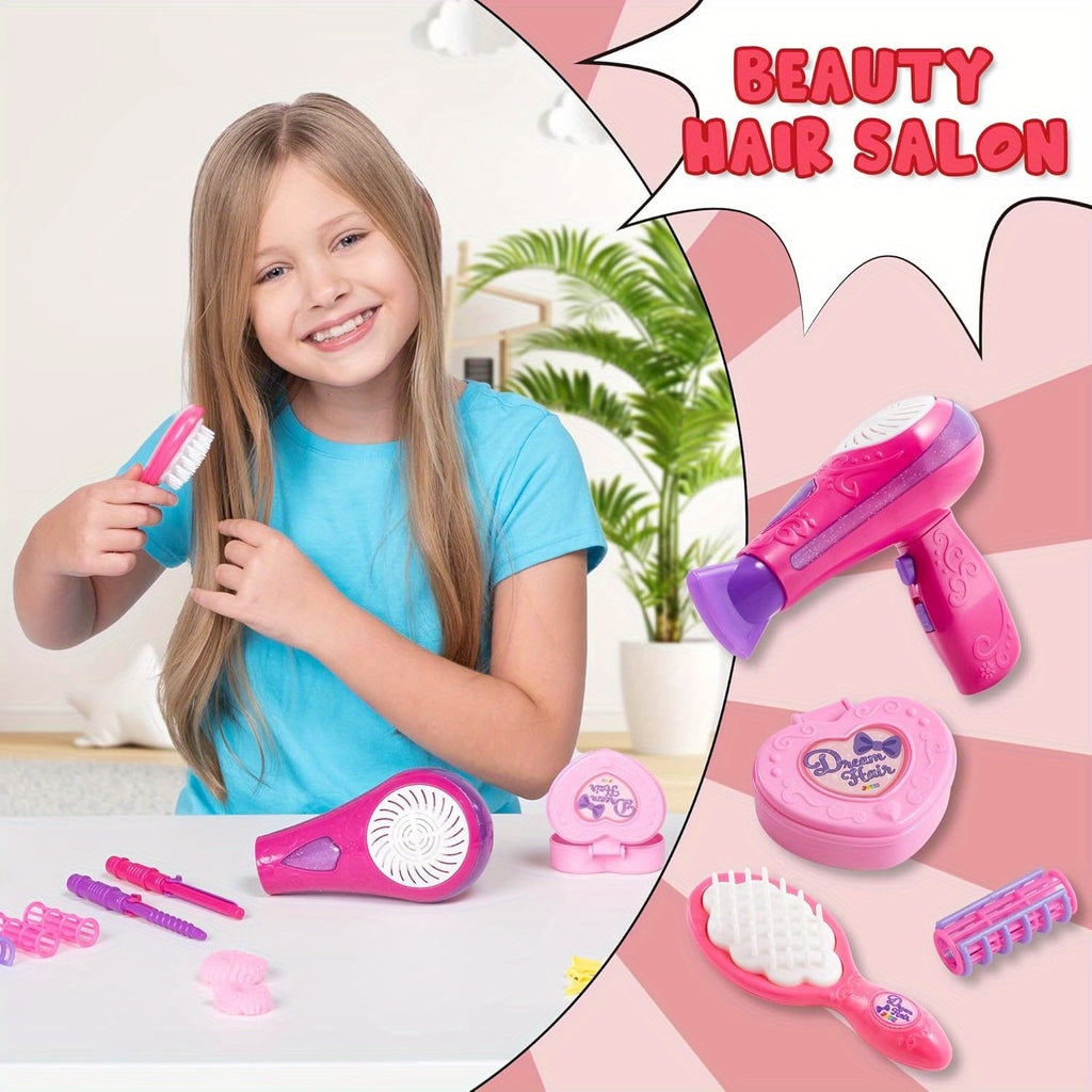 Girls Beauty Salon Set 17pcs Pretend Play Hair Stylist Toy Kit with Hairdryer Mirror Curling Iron Kids Ages 3+ Birthday Christmas Gift
