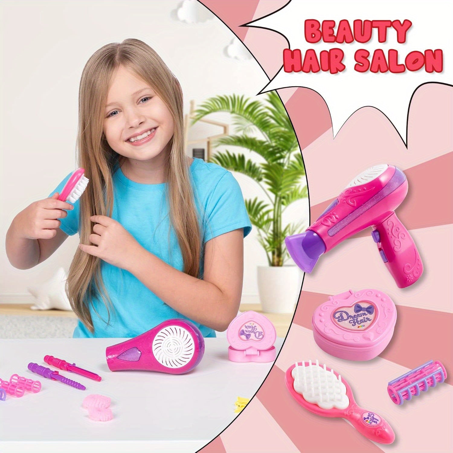 Girls Beauty Salon Set 17pcs Pretend Play Hair Stylist Toy Kit with Hairdryer Mirror Curling Iron Kids Ages 3+ Birthday Christmas Gift