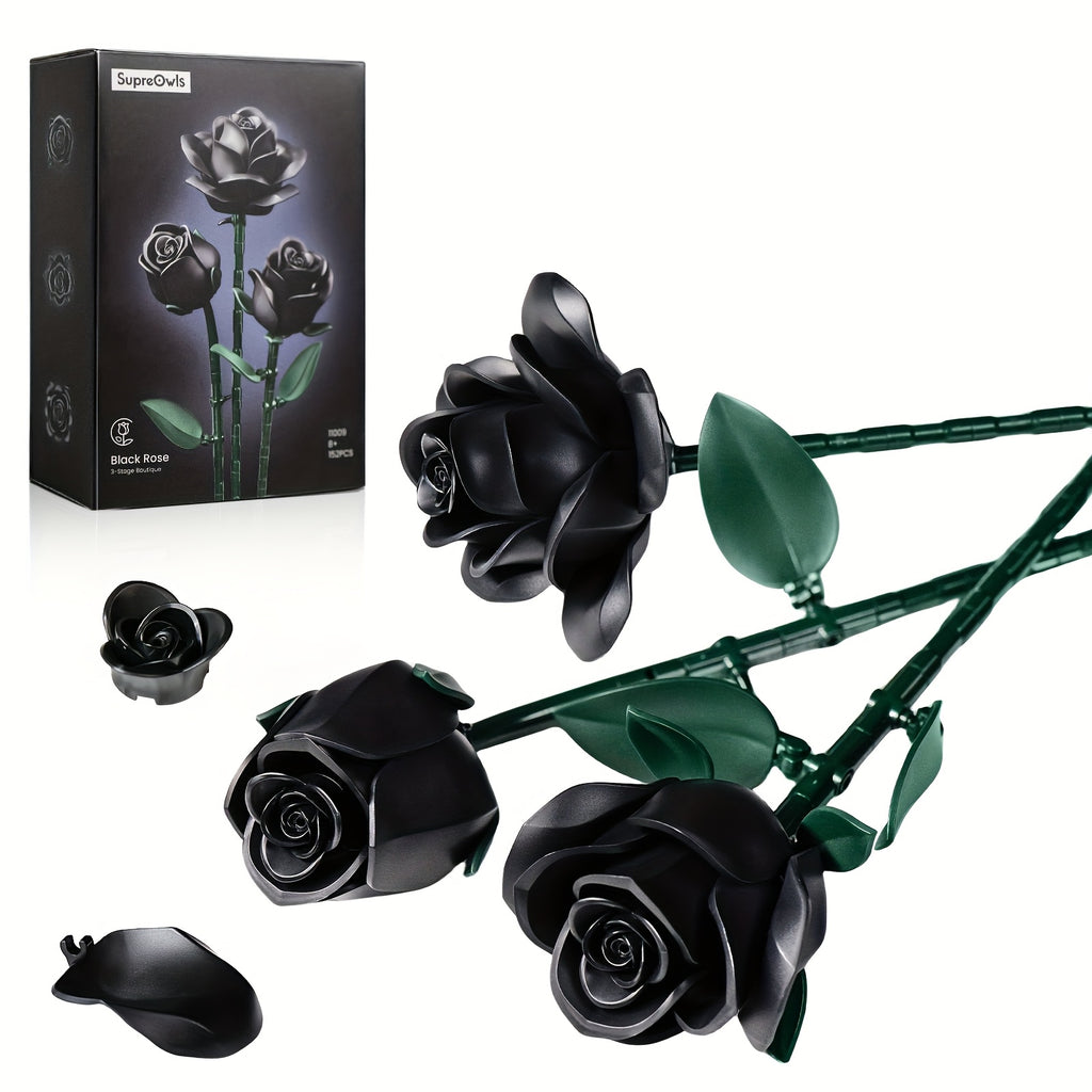 Gothic Black Rose Building Block Set 152pcs – 3 Artificial Flower Bouquet Bricks Art Piece, Unique Party Gift & Home Decor for Rose Lovers