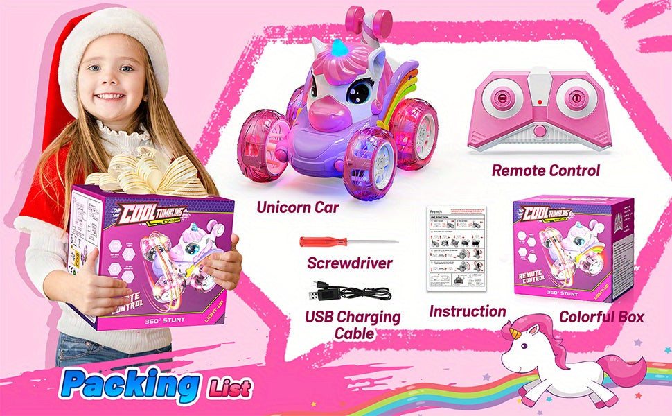 Unicorn RC Car for Girls 360 Degree Stunt Remote Control Car 4WD Rechargeable LED Lights Indoor Outdoor Toy Kids Halloween Christmas Birthday New Year Gift