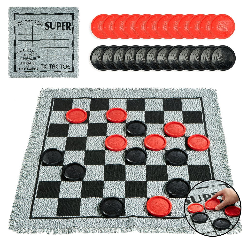 3-in-1 Giant Checkers and Tic Tac Toe Game Set with Reversible Mat 24 Oversized Chips Family Lawn Game Indoor Outdoor BBQ Party Easter Birthday Gift Ages 3+