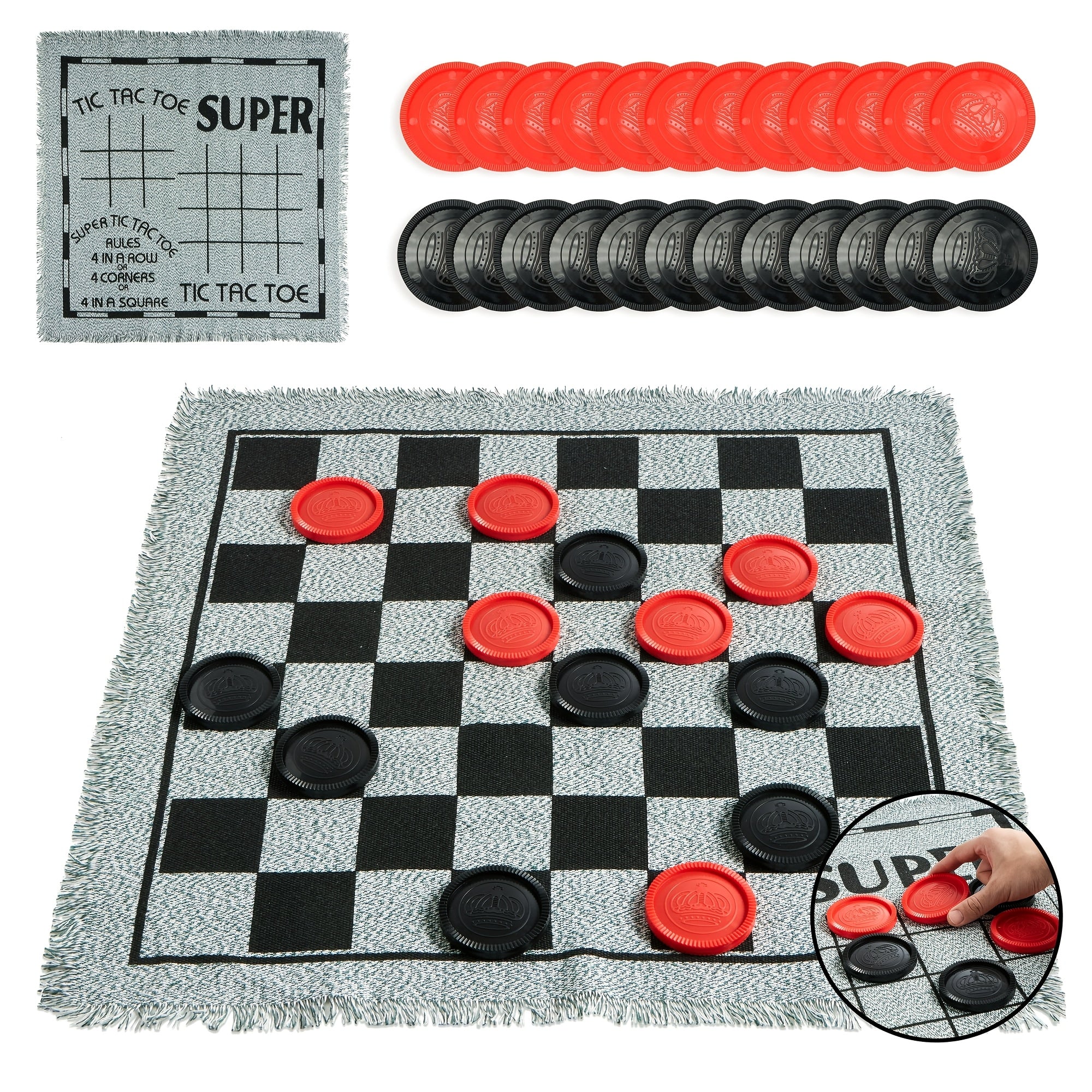 3-in-1 Giant Checkers and Tic Tac Toe Game Set with Reversible Mat 24 Oversized Chips Family Lawn Game Indoor Outdoor BBQ Party Easter Birthday Gift Ages 3+
