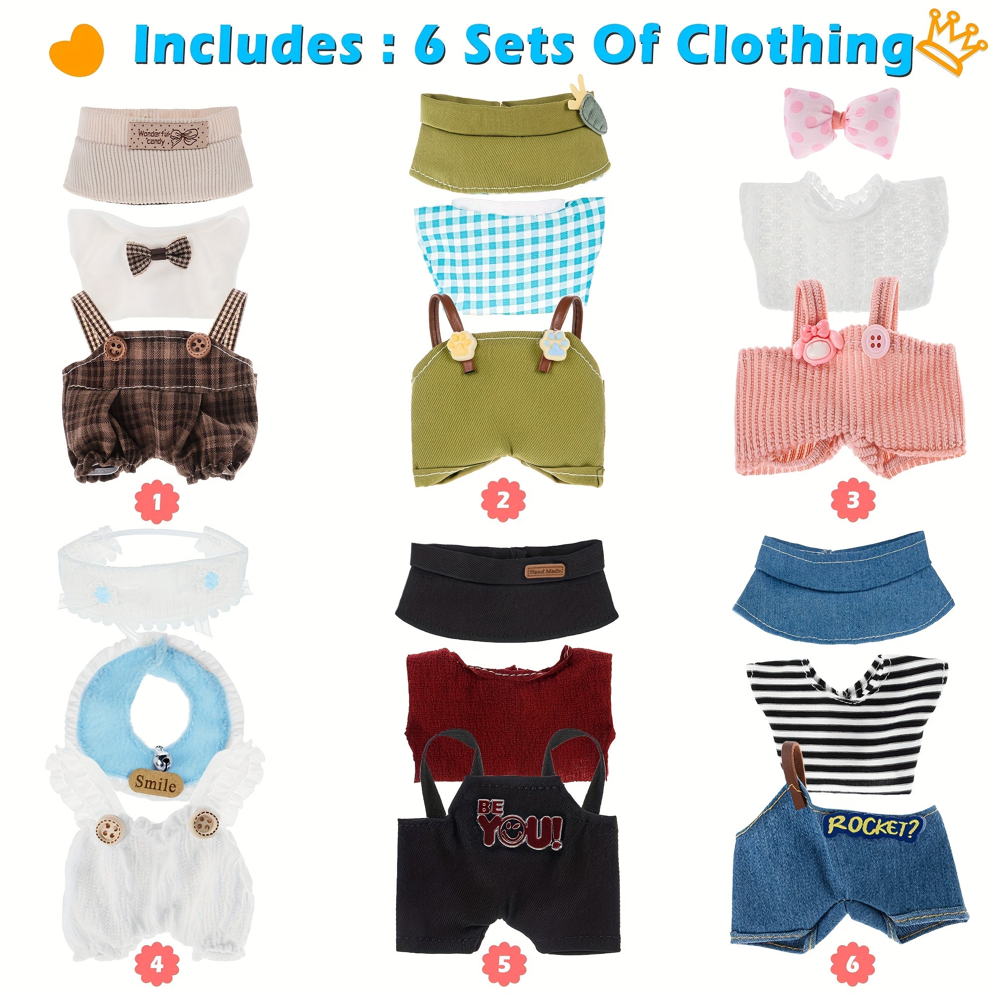 6pcs Mini Fashion Doll Outfits Set for 17cm (6.7 Inch) Dolls – Mixed Style Clothing Pack, Assorted Designs, Affordable Doll Wardrobe Gift for Girls Ages 3+, No Doll Included